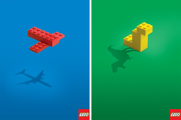Legos cast shadows of a plane and a dinosaur on colorful backgrounds.